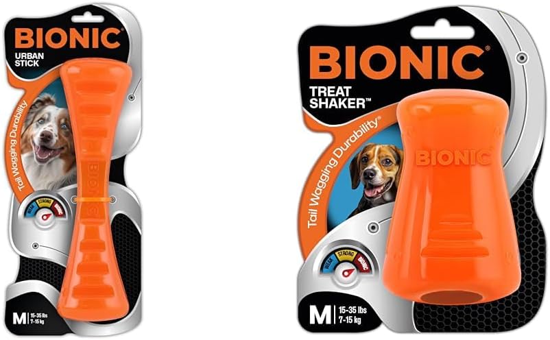 BIONIC Dog Toy Bundle - Medium Urban Stick & Treat Shaker - Durable, High-Visibility Chew Toys for Dogs 15-35 lbs.