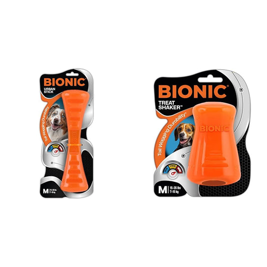 BIONIC Dog Toy Bundle - Medium Urban Stick & Treat Shaker - Durable, High-Visibility Chew Toys for Dogs 15-35 lbs.