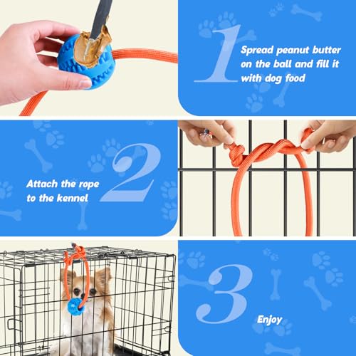 MVSSP Engaging Chew Toys for Dogs - Puppy Crate Training Aids, Puzzle Treat Dispenser with Rope Ball for Reducing Stress and Anxiety, Compatible with Peanut Butter Treats (Blue)