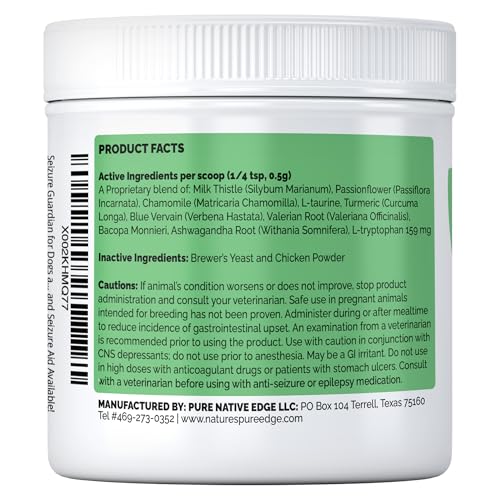 Seizure Support and Calming Aid for Dogs and Cats - All Natural Epilepsy and Seizure Aid. Ashwagandha, Blue Vervain, Valerian, L-tryptophan, L-Taurine, Chamomile, Milk Thistle, Turmeric.