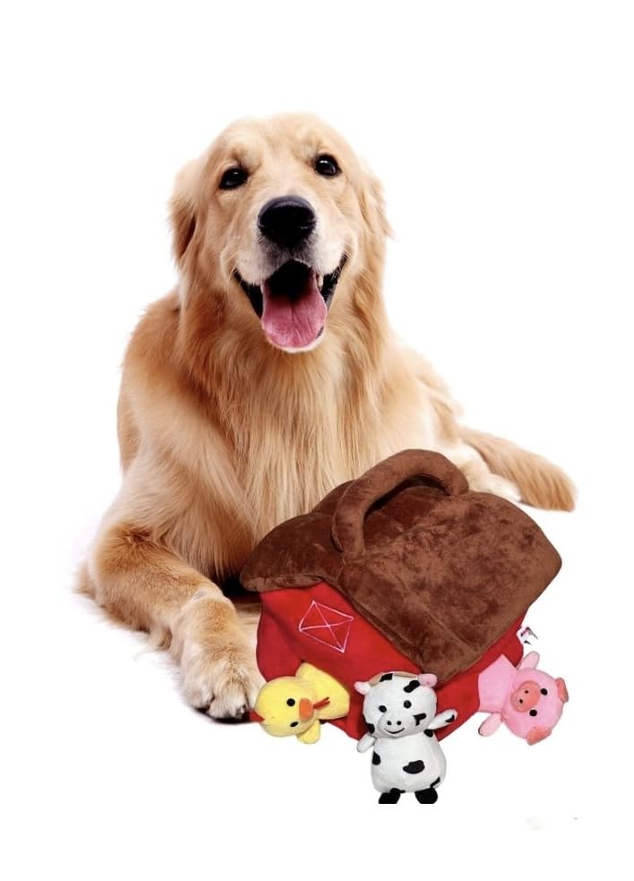 Glow Pups Interactive Hide and Seek Dog Toys for large dogs, medium dog and small dogs, Barnyard Adventure Plush Toy with Crinkle Sound and Squeaky Animals, Red and Brown Barn with 3 Pack Farm Animals