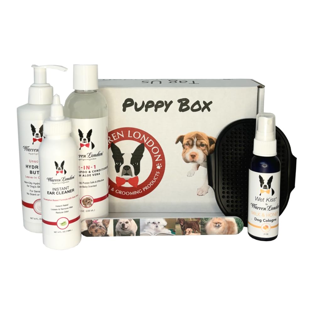 Warren London Puppy Gift Box - Includes Hydrating Butter, 2-in-1 Shampoo, Cologne, Grooming Bath Brush, Ear Cleaner and Nail File | Complete Puppy Care Set | Perfect Gift for New Pet Owners, White
