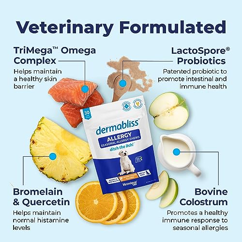 Vetnique Labs Glandex Anal Gland Support Pork Liver Powder 2.5oz and Dermabliss Allergy Chews 30 Count Bundle, Hickory Salmon Flavors, Dog Vitamins & Supplements, Dog Allergy Chews, Treatments
