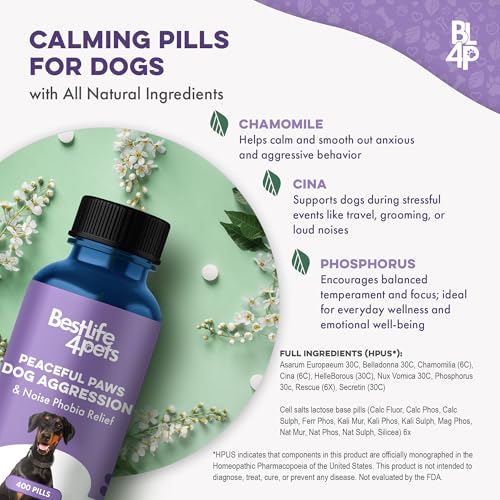 Peaceful Paws Dog Aggression & Noise Phobia Relief, Anxiety Relief for Dogs, Dog Calming Remedy for Biting, Barking, Chasing, Attacking, and Other Canine Behavior Issues, 400 Non-Drowsy, Small Pills