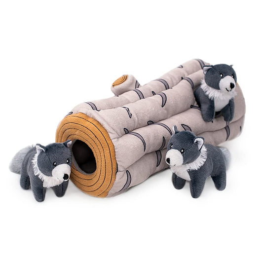 ZippyPaws Burrow- Interactive Dog & Puppy Toys for Boredom, Stimulating Pet Products to Keep Them Busy, Hide & Seek Plush Dog Puzzle, Enrichment Squeaky Toy, for Small & Medium Dogs- Arctic Wolf Log
