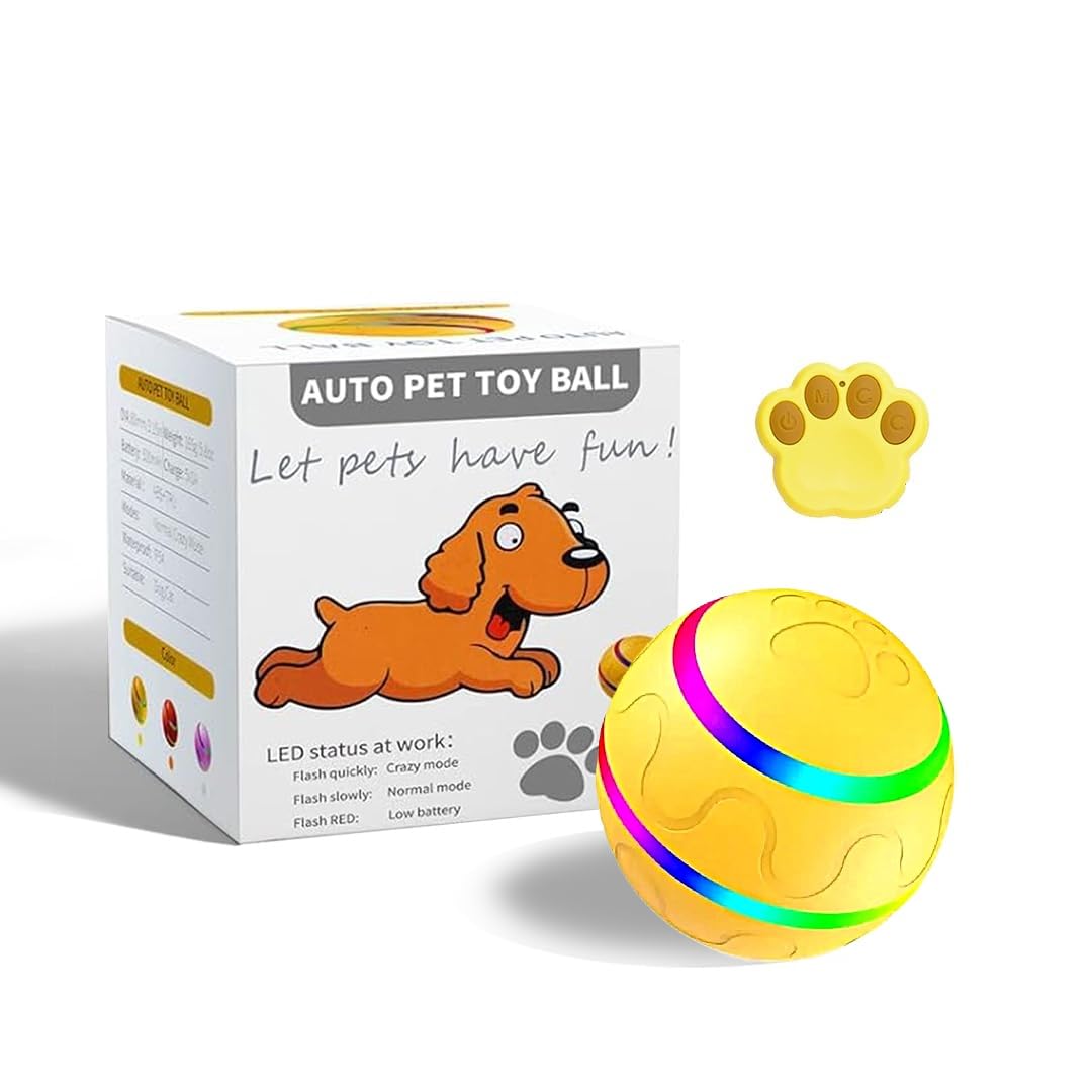 Yellow LED Remote-Controlled Interactive Toy Ball – Bouncy Light-Up Enrichment Toy for Dogs, Puppies, and Indoor Cats
