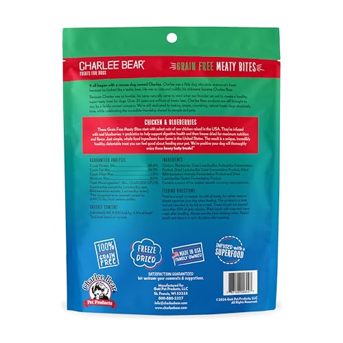 Charlee Bear Grain Free Meaty Bites Freeze Dried Dog Treats, Chicken and Blueberries, 2.25 Ounce Resealable Bag, Training Treats or Meal Topper, High Protein Dog Snacks, Made in USA