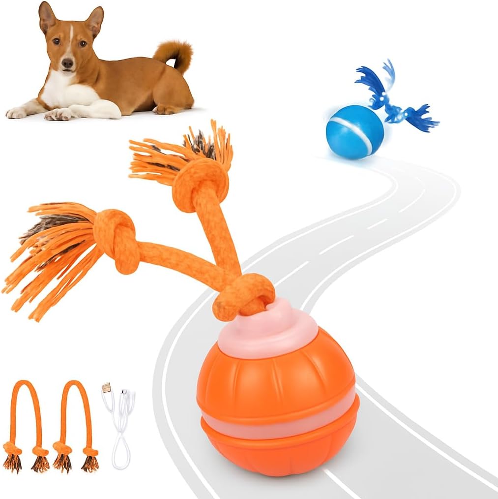 Interactive Dog Toy, Motion-Activated & Automatic Rolling, USB Rechargeable Smart Dog Ball with Teaser Rope & Squeaky Sound for Small & Medium Dogs, Puppy Stimulation Toy – Orange & Blue (Orange)