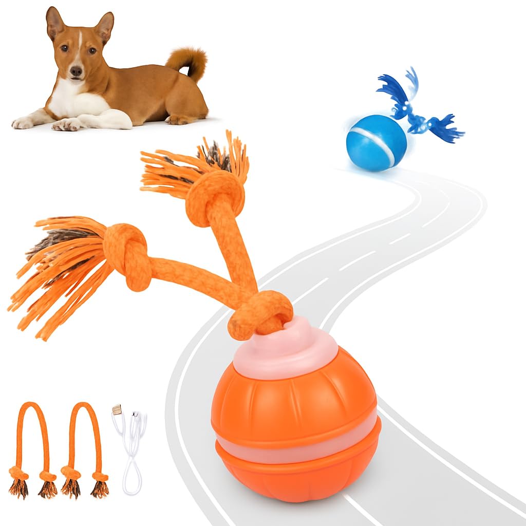 Interactive Dog Toy, Motion-Activated & Automatic Rolling, USB Rechargeable Smart Dog Ball with Teaser Rope & Squeaky Sound for Small & Medium Dogs, Puppy Stimulation Toy – Orange & Blue (Orange)