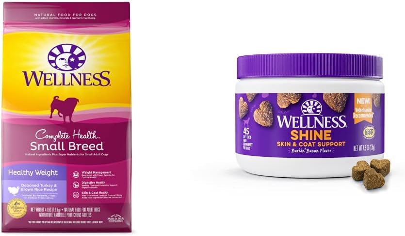 Wellness Complete Health Small Breed Healthy Weight Food, Turkey & Rice, 4-Pound Bag Skin & Coat Soft Chew Dog Supplements, 45 Count