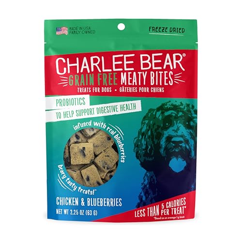 Charlee Bear Grain Free Meaty Bites Freeze Dried Dog Treats, Chicken and Blueberries, 2.25 Ounce Resealable Bag, Training Treats or Meal Topper, High Protein Dog Snacks, Made in USA