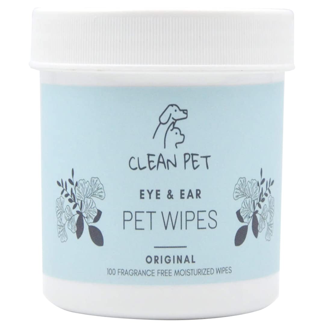 Clean Pet Veterinary Eye & Ear Wipes for Dogs & Cats - Removes Tear Stains & Infection Treatment - Hypoallergenic Unscented - 100 Count