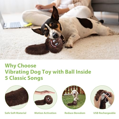 PETGEEK Interactive Squeaky Dog Toy, Automatic Moving Vibrating Dog Balls with Plush Cover, Rechargeable Perro Juguetes with Recording and Music Mode, Crinkle Pet Plush Toy for Boredom, Brown
