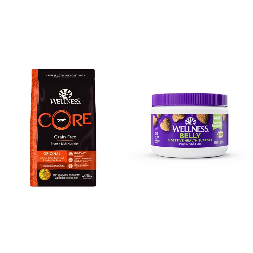 Wellness Food + Supplements Bundle: CORE Natural Grain Free Dry Dog Food, Turkey & Chicken, 4-Pound Bag Digestive Health Soft Chew Dog Supplements, Pumpkin Patch Flavored, 45 Count