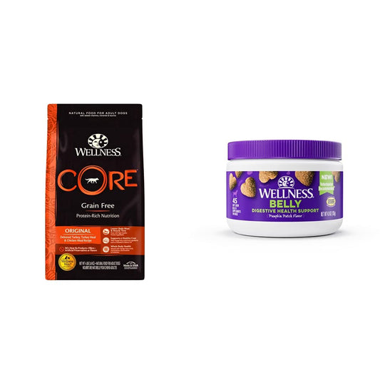 Wellness Food + Supplements Bundle: CORE Natural Grain Free Dry Dog Food, Turkey & Chicken, 4-Pound Bag Digestive Health Soft Chew Dog Supplements, Pumpkin Patch Flavored, 45 Count