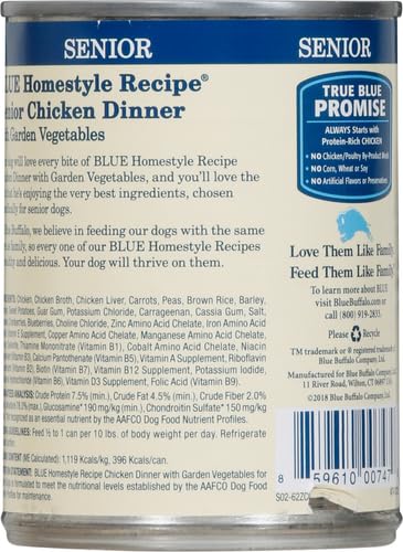 Blue Buffalo Homestyle Recipe Senior Wet Dog Food, Made with Natural Ingredients, Chicken Dinner with Garden Vegetables, 12.5-oz. Can