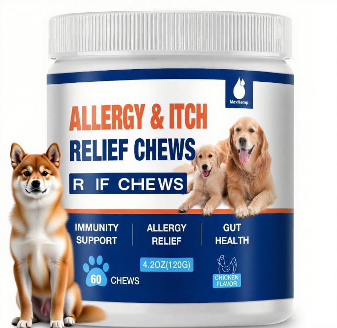 MaxHemp Dog Allergy Chews for Itchy Skin Relief, Omega 3 Fish Oil Supplement, Chicken Flavor, 60Pcs, Supports Dry Skin & Coat