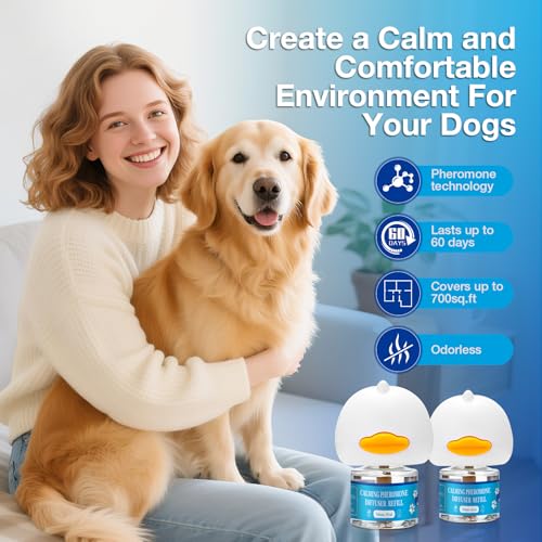 Dog Calming Pheromones Diffuser 3 in 1 Kit Appeasing Pheromone Diffuser to Calm (2 Plug in+2 Pack 48ml Refill) for Anxiety Relief Reduce Aggression Fighting Barking Stress 60 Day Supply(Tasteless)