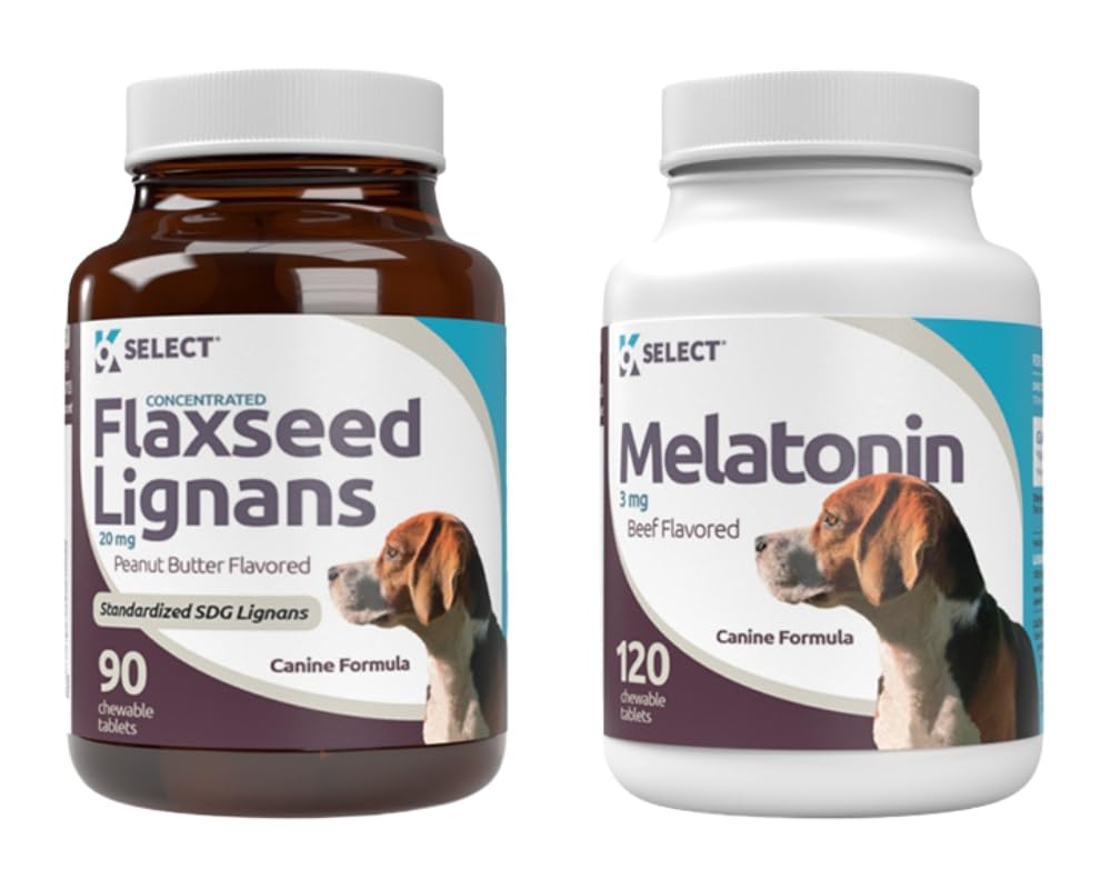 K9 Select Dog Wellness Bundle: Concentrated Flaxseed Lignans (20mg, 90 Peanut Butter Flavored Chewable Tablets) & Melatonin (3mg, 120 Beef Flavored Tablets) - Coat Improvement for Dogs, Small Breeds