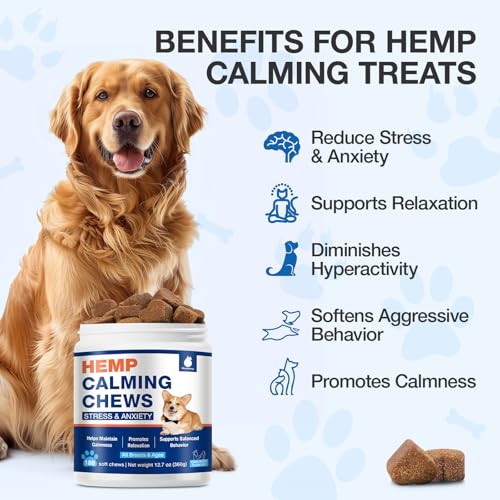 Hemp Calming Chews for Dogs with Anxiety and Stress - 180 Soft Dog Calming Treats - Dog Anxiety Relief - Storms, Fireworks, Thunder, Barking, Separation Aid - Valerian Root - L-Tryptophan - Hemp Oil