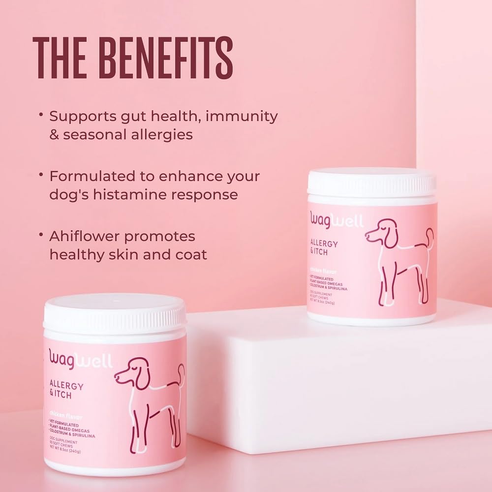 WagWell Allergy and Itch Chews – Chicken Flavored – Plant Based with Colostrum and Spirulina – Dog Skin and Coat Supplement for Itch Relief and Digestive Health, 60 Chews