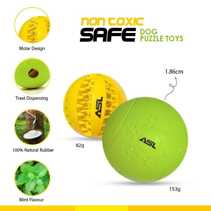 ASL Interactive Dog Treat Ball, 2-Pack Durable Chew Balls for Puppies and Dogs Enrichment Toys for Large Dogs & Small Dogs, Durable Balls for Teeth Cleaning/IQ Training/Chewing