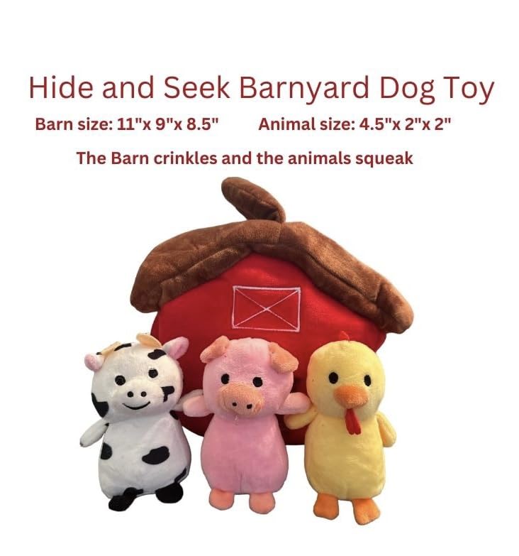 Glow Pups Interactive Hide and Seek Dog Toys for large dogs, medium dog and small dogs, Barnyard Adventure Plush Toy with Crinkle Sound and Squeaky Animals, Red and Brown Barn with 3 Pack Farm Animals