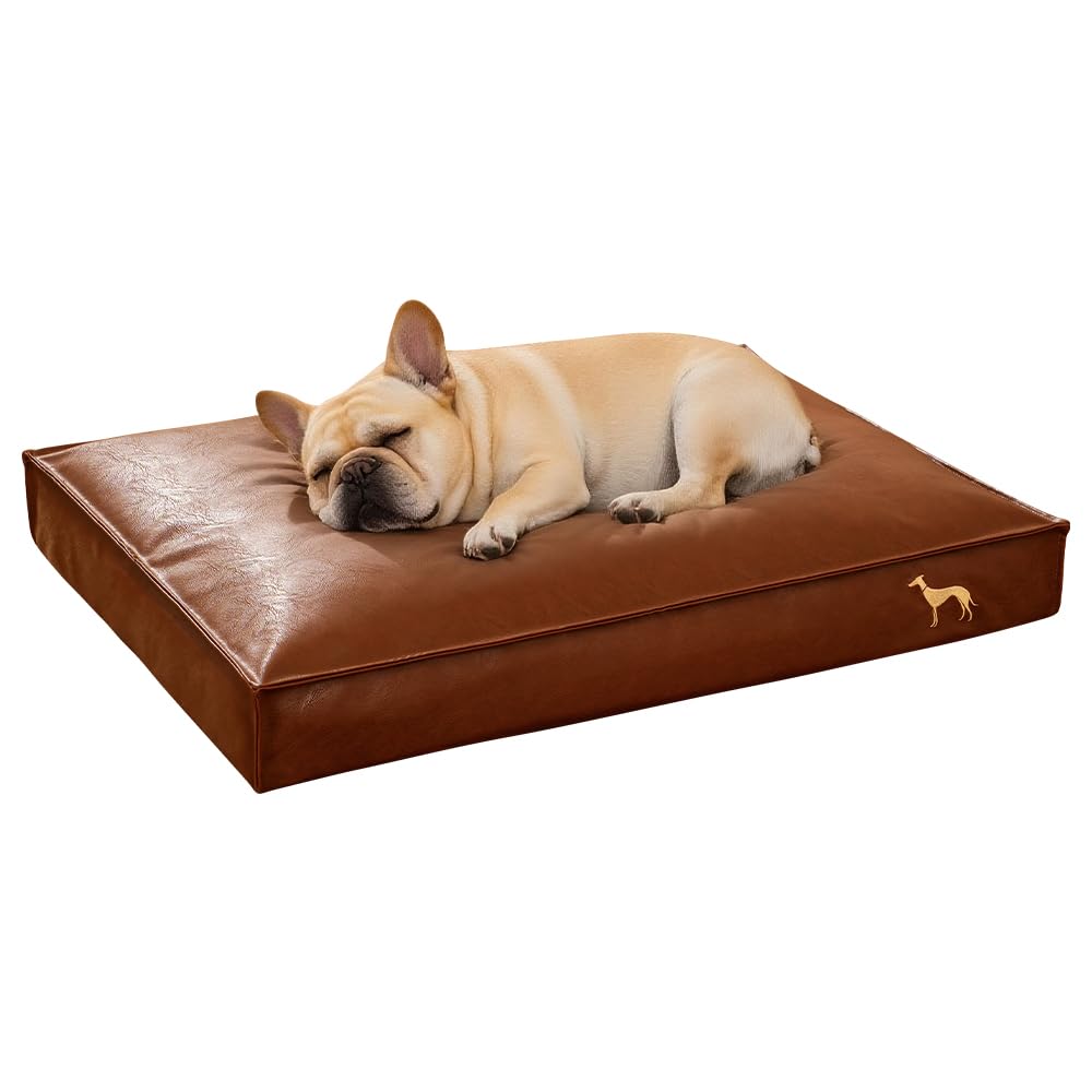 SOMAHE Dog Bed Medium Size Dog Orthopedic Beds for Small Dogs with Removable Washable PU Leather Cover Waterproof Brown 27.5×19.6×4inch
