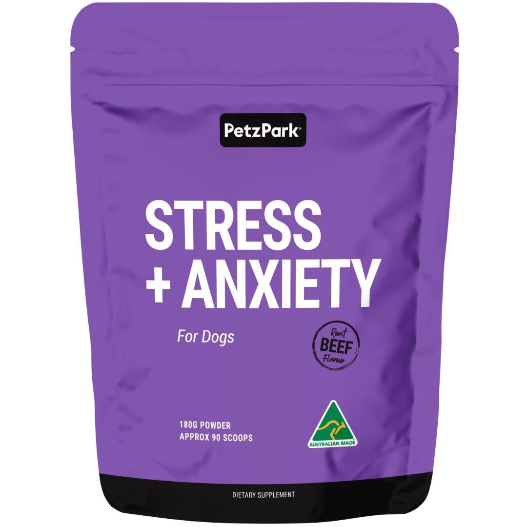 Stress and Anxiety Supplement for Dogs - Calming Dog Powder Supplement - Decreases Stress, Calms Fear & Anxiety, Eases Aggression & Insomnia, Relaxes Body and Mind - Beef Flavour - 6.4oz - 90 Scoops