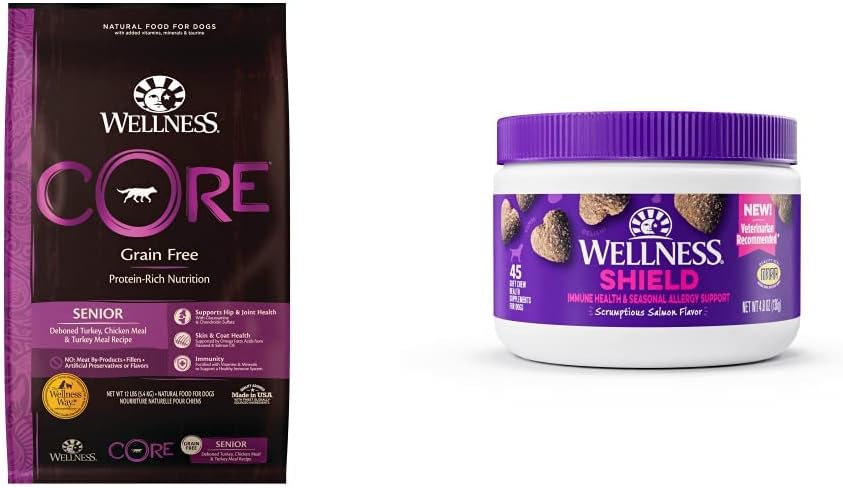 Wellness Food + Supplements Bundle: CORE Natural Grain Free Dry Dog Food, Senior, 12-Pound Bag, Turkey Immune & Allergy Soft Chew Dog Supplements, Salmon Flavored, 45 Count