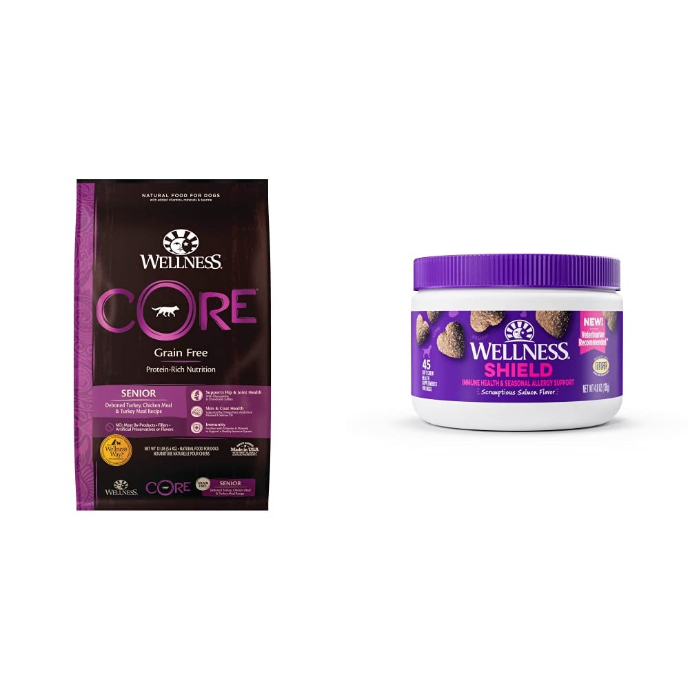 Wellness Food + Supplements Bundle: CORE Natural Grain Free Dry Dog Food, Senior, 12-Pound Bag, Turkey Immune & Allergy Soft Chew Dog Supplements, Salmon Flavored, 45 Count