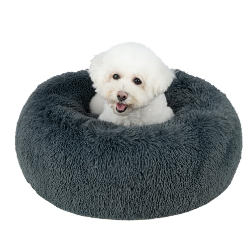 Best Pet Supplies Round Calming Dog Bed with Plush Faux Fur Fabric, Anti-Anxiety Cushion for Indoor Pets, Slip-Resistant Base, Soft Ergonomic Support - Gray, 20x20x6''