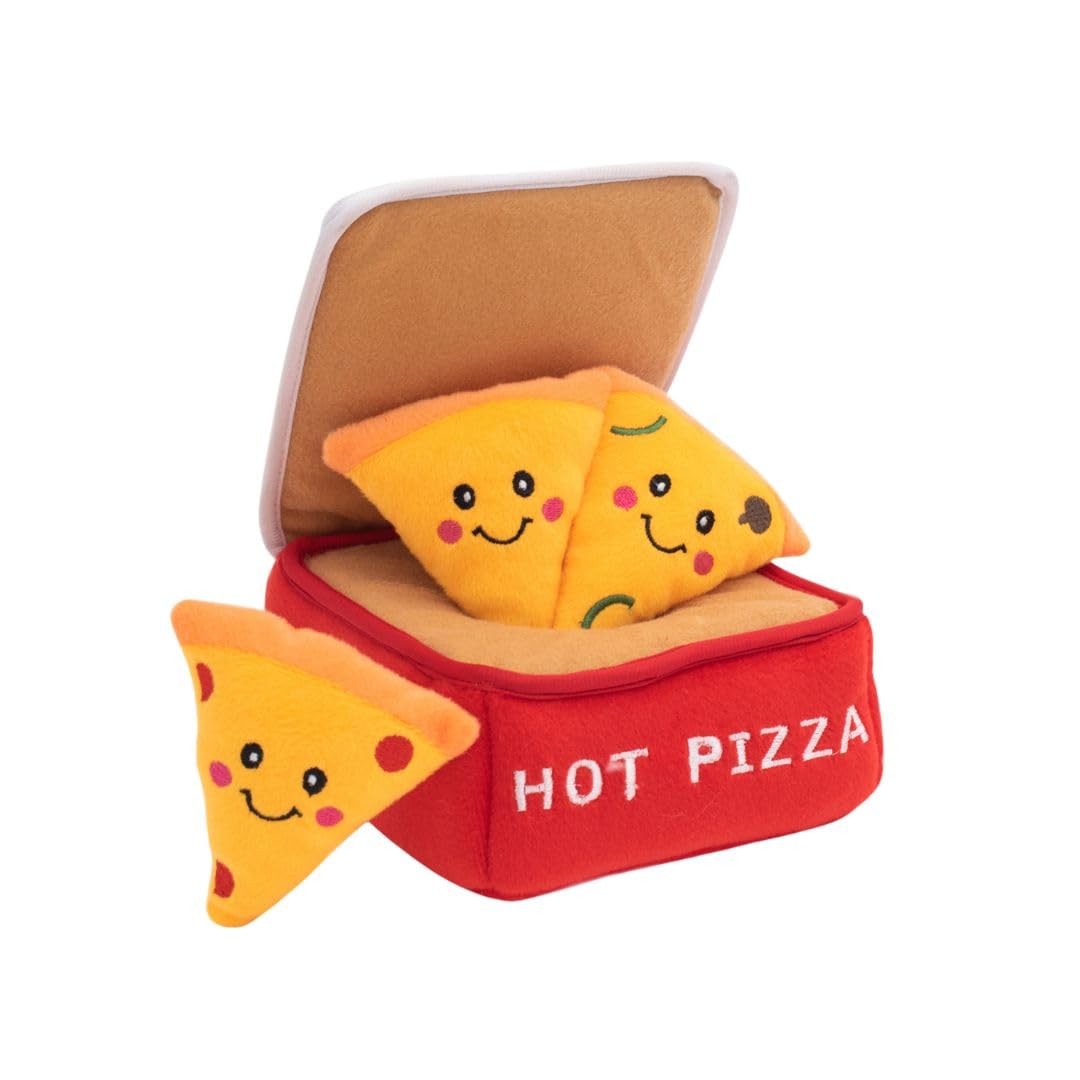ZippyPaws Burrow- Interactive Dog & Puppy Toys for Boredom, Stimulating Pet Products to Keep Them Busy, Hide & Seek Plush Dog Puzzle, Enrichment Squeaky Toy, for Small & Medium Dogs- Pizza Box