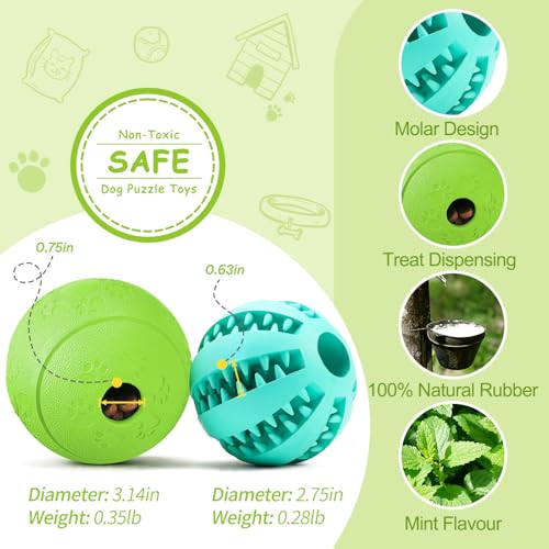 HIPPIH Dog Puzzle Toy 2 Pack, Interactive Dog Toys for Treat Dispensing, Durable Puppy Toys for Teething, Dog Treat Ball for Teeth/Slow Feeder/IQ Training/Playing, Blue-2.75‘’, Green-3.14‘’