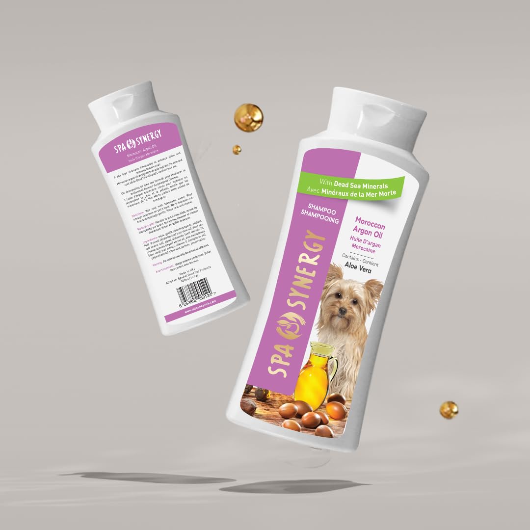 Spa Synergy Pet Dog Shampoo Natural Dead Sea Mineral Rich, Aloe Vera & Vitamin-E, Soothing Anti-itching, Soften, Moisturizing - Moroccan Argan Oil - (1) Bottle 16.5 FL OZ