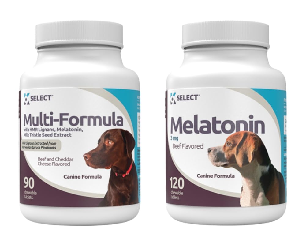 K9 Select Beef Flavored Bundle: Multi-Formula Vitamin for Dogs (30 mg HMR Lignans, 3 mg Melatonin, 60 mg Milk Thistle, 90 Tablets) & Melatonin for Dogs (3 mg, 120 Chewables) - Small & Large Breeds