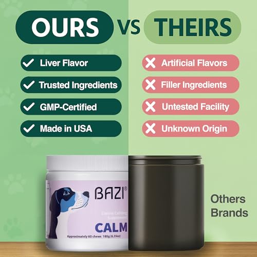 BAZI Calm Dog Chews – Natural Stress Relief for Hyperactive Dogs with Lemon Balm, Taurine & Theanine – Calming Support for Anxiety, Fireworks, Thunderstorms, Travel & Training – 60 Soft Chews