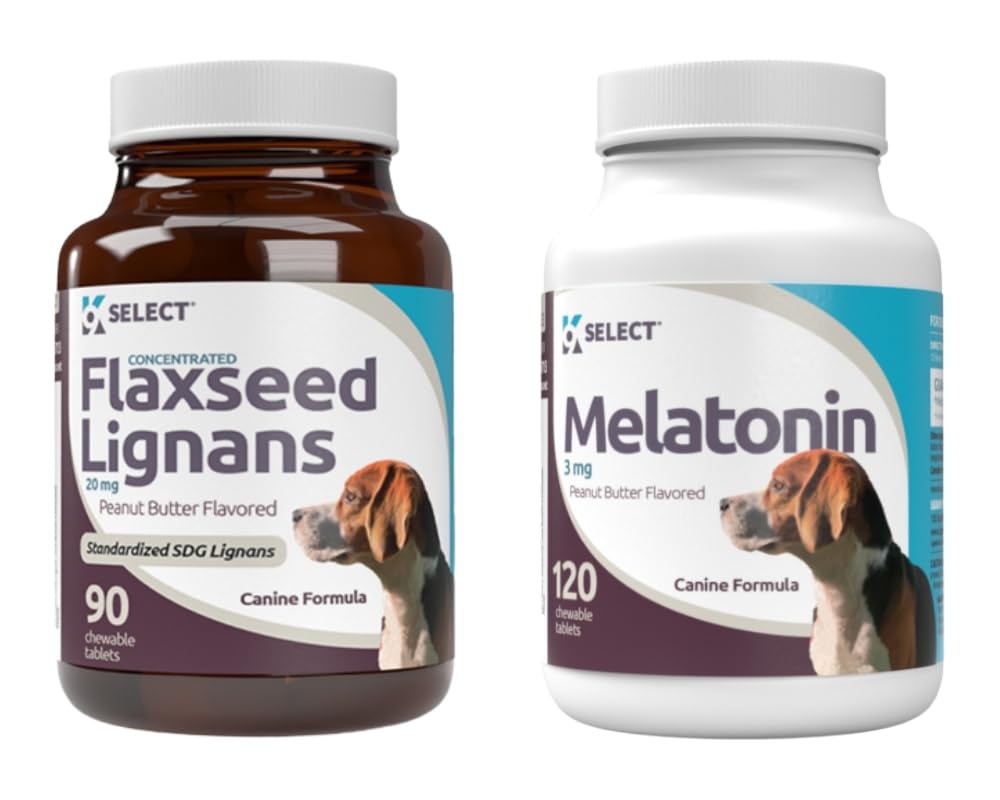 K9 Select Coat Appearance & Health Bundle: Flaxseed Lignans 20mg, 90 Capsules & Melatonin for Dogs 3mg Peanut Butter Flavored Chewable, 210 Capsules - Improve Coat Appearance & Health - Medium Breeds