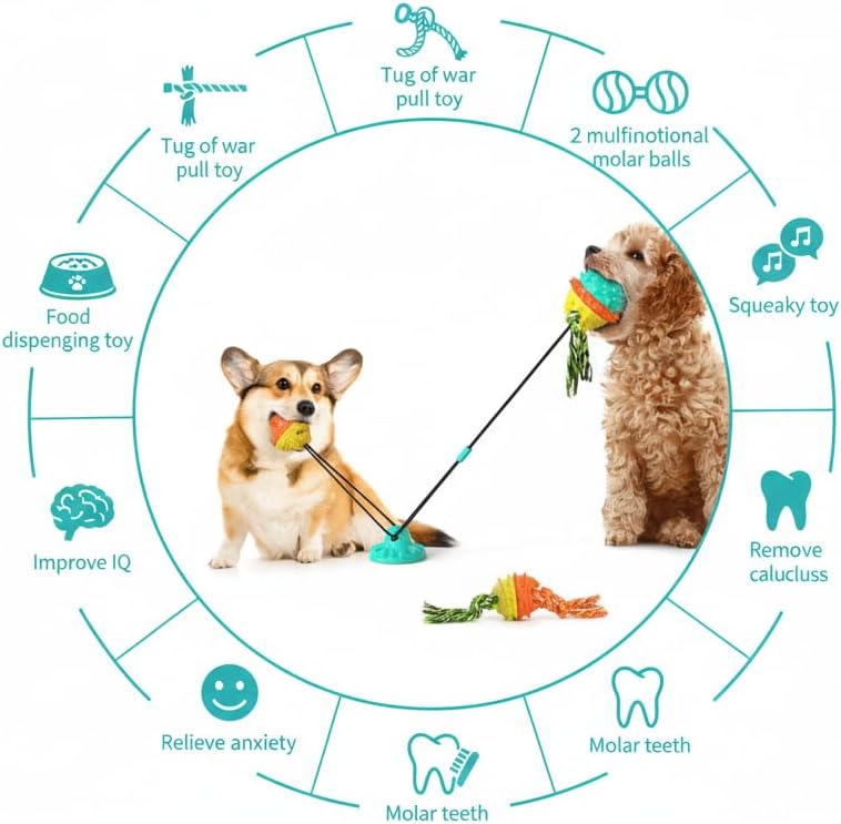 Dog Chew Toy for Aggressive Chewers – Dual Ball Suction Cup Rope Toy, Durable Food Dispensing Puzzle for Boredom Relief, Puppy Training & Teething Toy for Dental Health
