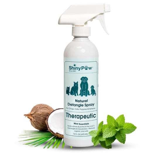 Pet Detangler Spray for Dogs & Cats 16 oz by Shiny Paw | Mint Essentials Detangler Spray | Hypoallergenic Dogs Detangler | Shines & Restores Coat | Made in The USA