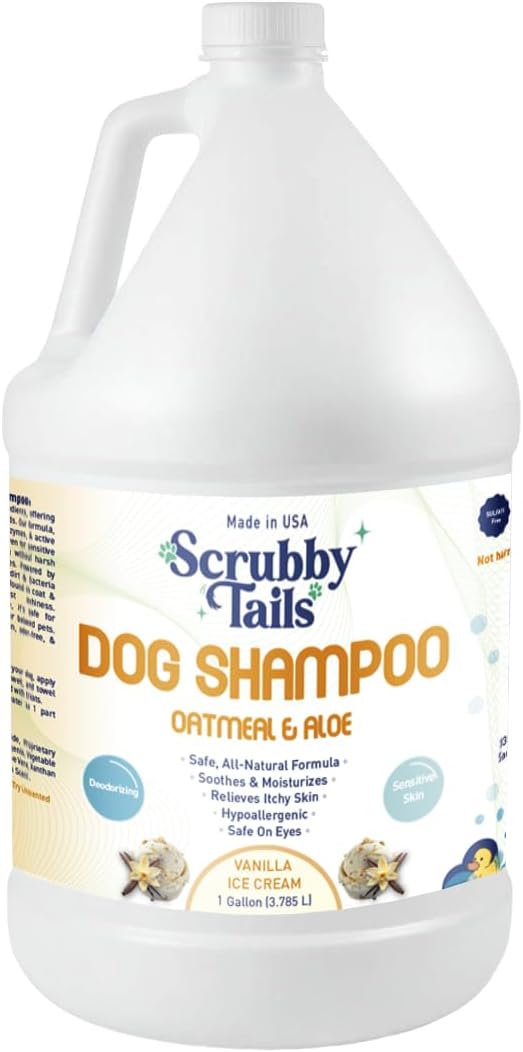 Scrubby Tails Organic Dog Shampoo - Puppy Oatmeal Shampoo for Itchy Skin Relief - Hypoallergenic for Sensitive Skin, for Groomers & Professionals, Made in USA, 1 Gallon (Vanilla Ice Cream)