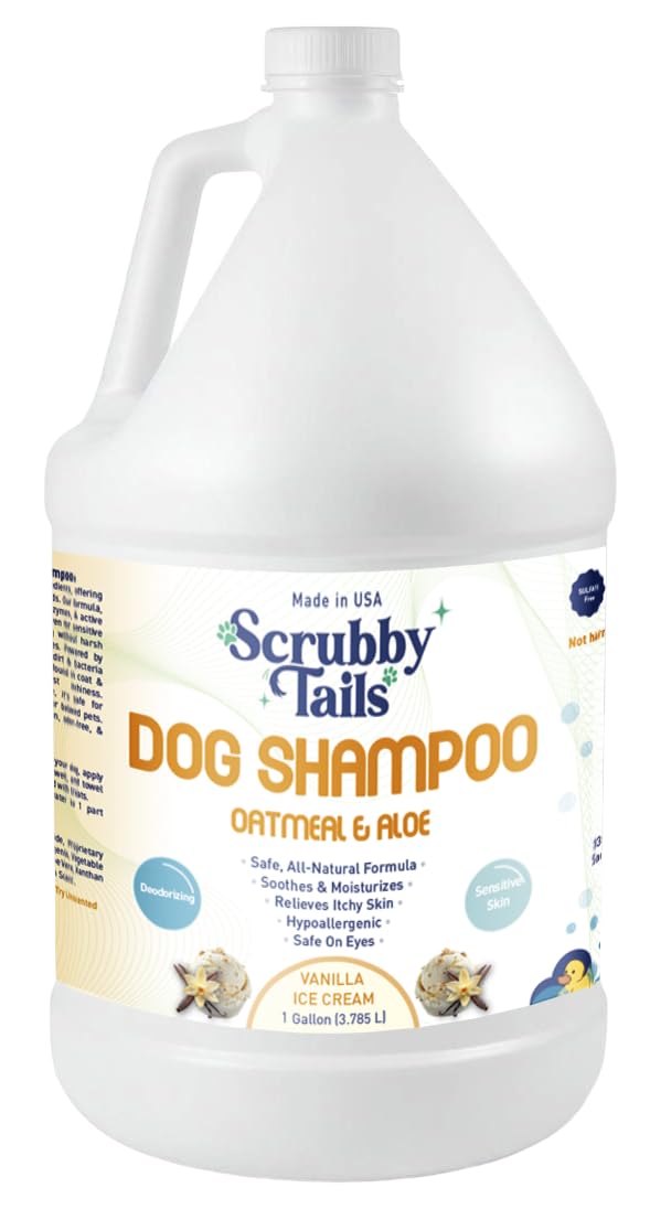 Scrubby Tails Organic Dog Shampoo - Puppy Oatmeal Shampoo for Itchy Skin Relief - Hypoallergenic for Sensitive Skin, for Groomers & Professionals, Made in USA, 1 Gallon (Vanilla Ice Cream)