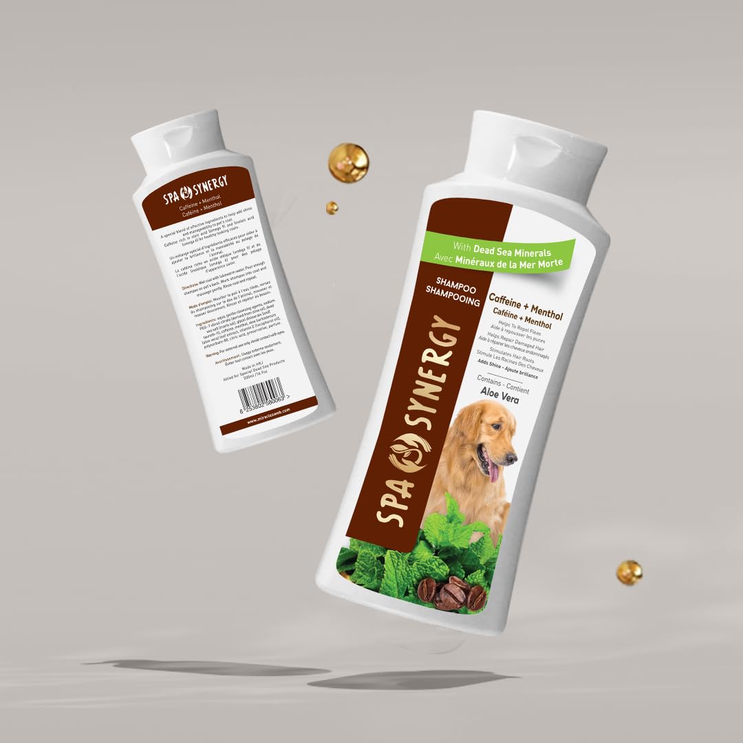 Spa Synergy Pet Dog Shampoo Natural Dead Sea Mineral Rich, Aloe Vera & Vitamin-E, Hair Repair, Stimulates Hair Roots, Refreshing - Caffeine & Menthol - (1) Bottle 16.5 FL OZ