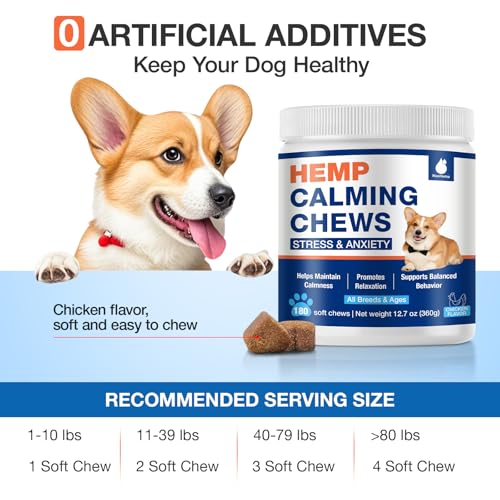 Hemp Calming Chews for Dogs with Anxiety and Stress - 180 Soft Dog Calming Treats - Dog Anxiety Relief - Storms, Fireworks, Thunder, Barking, Separation Aid - Valerian Root - L-Tryptophan - Hemp Oil