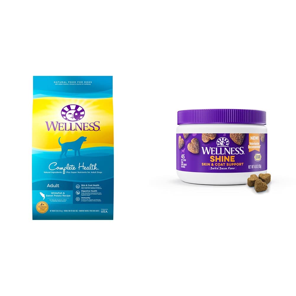 Wellness Complete Health Food + Supplements Bundle: Natural Dry Dog Food, Whitefish & Sweet Potato, 30-Pound Bag Skin & Coat Soft Chew Dog Supplements, Barkin' Bacon Flavored, 45 Count