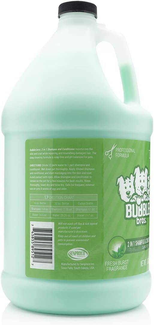 Bubble Bros. 2 in 1 Dog Shampoo and Conditioner for Pets, Gallon - Naturally Derived Ingredients, Eliminates Smelly Pet Odors, Moisturizes and Nourishes, Cleans and Conditions, Bulk Refill Size 128 oz