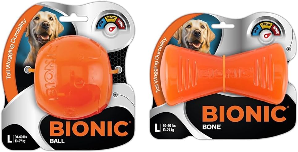 BIONIC Dog Toy Bundle - Large Ball & Bone - High-Visibility, Durable Chew Toys for Dogs 30-60+ lbs. - Perfect for Fetch, Chew, and Treat Dispensing