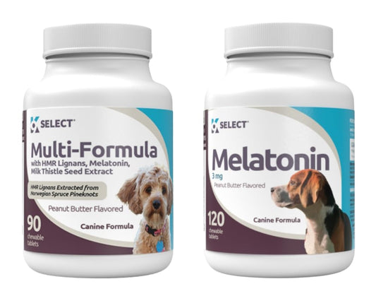 K9 Select Bundle: 90 Tabs of Multi-Formula Supplement (10mg HMR Lignans,1mg Melatonin,20mg Milk Thistle) & 120 Tabs of 3mg Melatonin Support - Peanut Butter Flavored Chewables - Small & Medium Dogs
