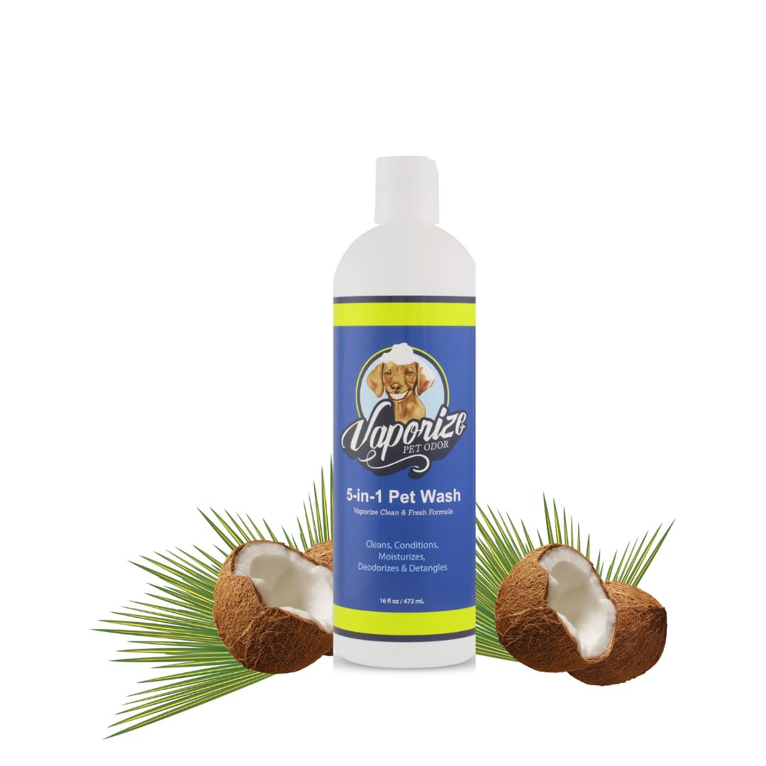 Vaporize 5-in-1 Pet Wash Shampoo Gently cleanses, deodorizes, Conditions, detangles, and soothes Your pet’s Coat and Skin—All in one Easy Step. Perfect for Dogs and Cats