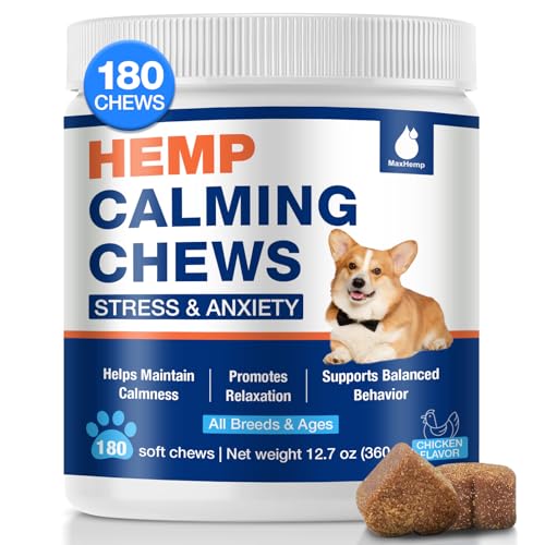 Hemp Calming Chews for Dogs with Anxiety and Stress - 180 Soft Dog Calming Treats - Dog Anxiety Relief - Storms, Fireworks, Thunder, Barking, Separation Aid - Valerian Root - L-Tryptophan - Hemp Oil